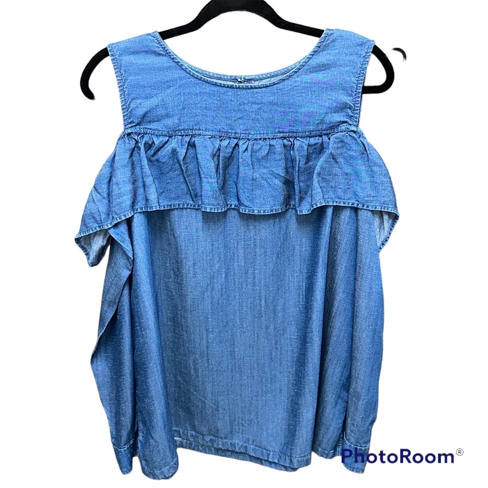 Loft Women's Lyocell Linen Mix Chambray Blue Cold Shoulder Top XL